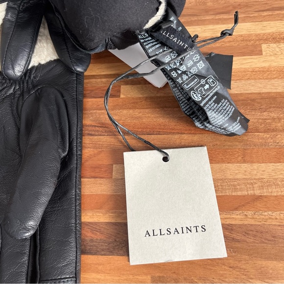 AllSaints Shearling Black Leather Gloves with Ecru Shearling cuff Zipper details - Picture 9 of 13